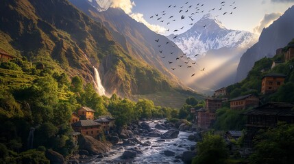 Embark on a visual journey of cascading streams through remote mountainous landscapes, embracing villages, with the added charm of vibrant birds taking to the skies. - obrazy, fototapety, plakaty