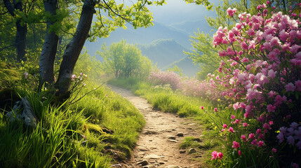 Tranquil Spring Hiking: Scenic Trail Amid Blooming Flowers and Vibrant Greenery