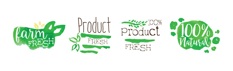 Green Bio Farm Product and Fresh Local Market Food Label Vector Set
