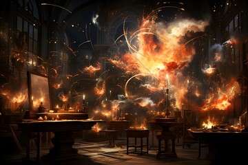 The interior of a church with fire and smoke. 3d rendering