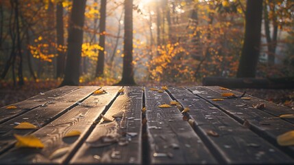Naklejka na ściany i meble Autumn Leaves on a Bench Generative AI