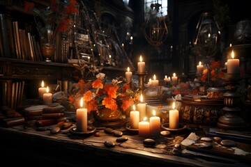 Church interior with burning candles and books on the altar. Halloween concept