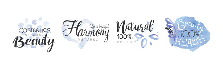Natural Beauty Cosmetic Product Promo Sign Colorful Vector Set