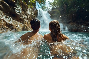 Back view Couple Swimming in a Tropical Waterfall 