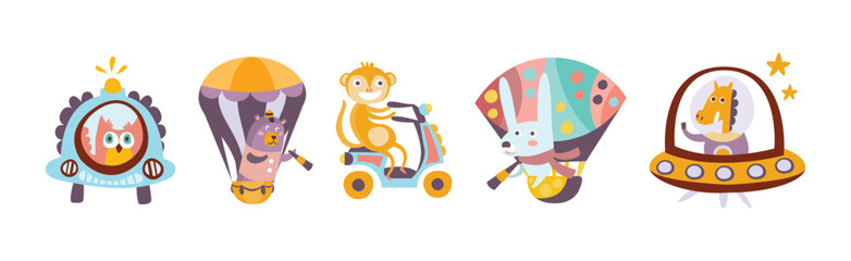 Cute Baby Animal Ride Transport Enjoy Journey Vector Set