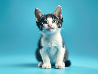 portrait of a cat sitting on a blue background, 