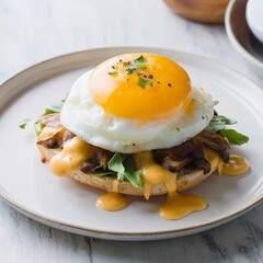 Mushroom and egg benedict in white plate for breakfast
