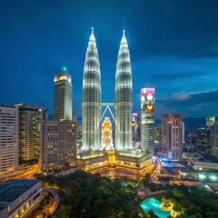 Fototapeta premium Night shot of Kuala. Panorama with city architecture and transport