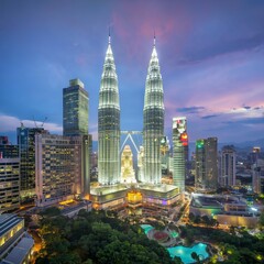 Fototapeta premium Night shot of Kuala. Panorama with city architecture and transport