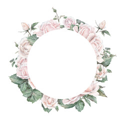 Watercolor invitation design with light cream roses and leaves. Botanical watercolor illustration flower. Template with floral elements. Wreath or round frame hand draw on isolated background