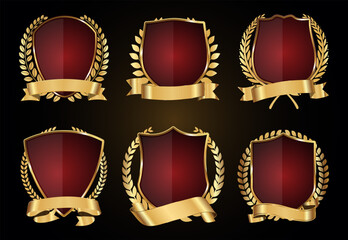 Gold and red shield and laurel wreath vector collection 