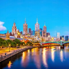 Fototapeta na wymiar Panorama view of Melbourne city skyline at twilight in Australia