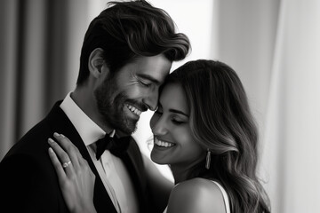 A couple in love in a black and white portrait, hugging tightly
