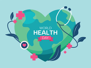 World health day concept, 7 April, background vector. Hand drawn comic doodle style of earth, heart, stethoscope. Design for web, banner, campaign, social media post.