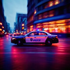 Fototapeta na wymiar Police car high speed chase, long exposure dynamic motion with light streak