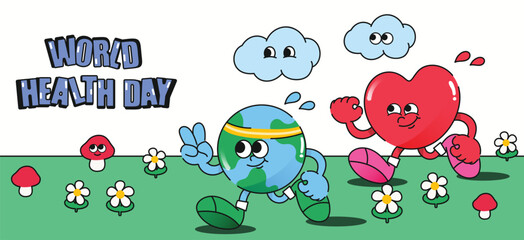 World health day concept, 7 April, background vector. Hand drawn groovy character style of earth working out, exercise, heart, cloud. Design for web, banner, campaign, social media post.