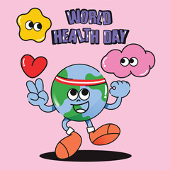 World health day concept, 7 April, background vector. Hand drawn groovy character style of earth working out, exercise, heart, cloud. Design for web, banner, campaign, social media post.