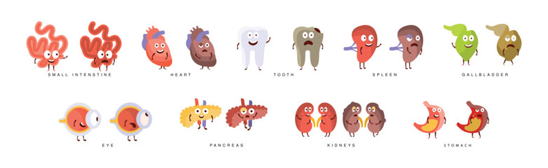 Happy Body Internal Organ with Face Vector Set