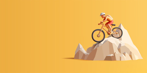 Rocky mountains island land with bicyclist traveler with backpack and helmet riding a bike on mountain, 3d render illustration - obrazy, fototapety, plakaty
