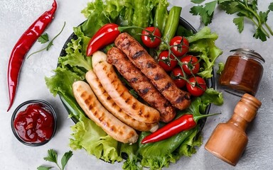 Sausage and mix of fresh vegetables served on a plate, mustard, ketchup, fresh hot chili peppers and herbs