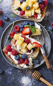 Sandwiches with berries and fruits, cheese and honey. Bruschetta