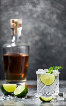 Tequila in a glass served with mint, limes and salt over dark texture background