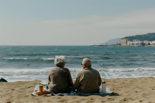 Older Couple Relaxing on the Beach in the Style of Spanish Enlightenment