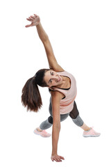 Slender smiling woman in sportswear delvet doing exercises. Beautiful brunette in a pink top. Activity, energy and health. Isolated on a white background. Vertical.