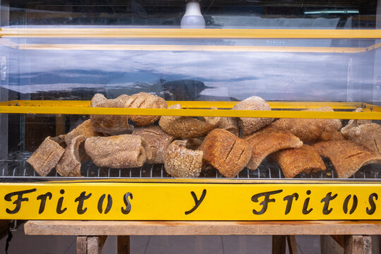 Heap of delicious chicharron in stall