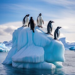 A group of penguins on an iceberg. Penguins on an iceberg with a cloudy sky in the background, Ai generated