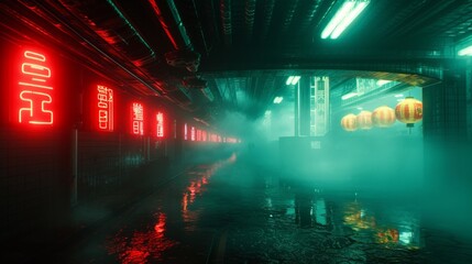 Asian Cyberpunk Nights: Dystopian Street Art, foggy and rainy