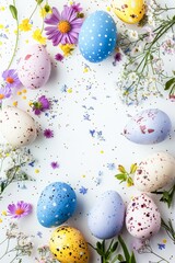 Fototapeta na wymiar Colorful Easter Eggs and Spring Flowers on a Bright White Background