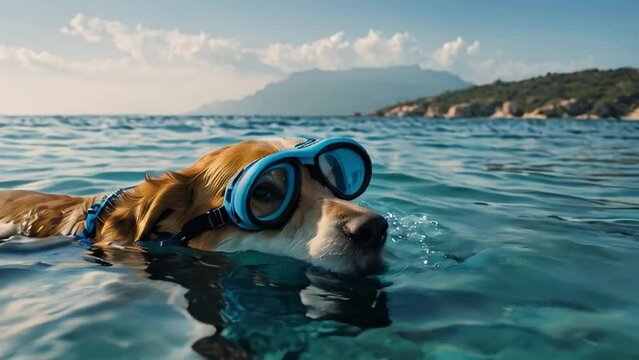 Dog  with snorkeling  mask in ocean 