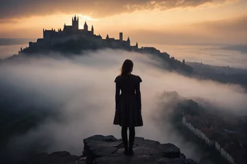 Fototapeten A silhouette of a back view of a young girl standing on a precipice overlooking a medieval city coming out of the clouds, sunset, moody, light fog © Giuseppe Cammino