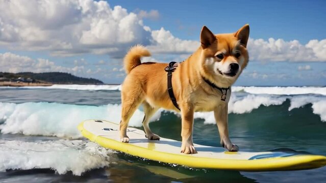 Akito inu on surf board in sea