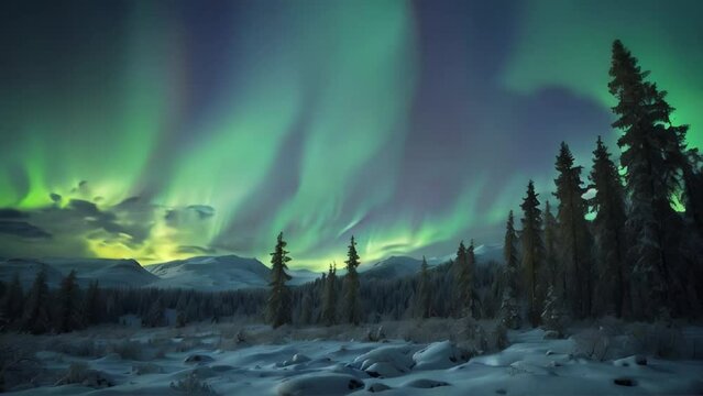 Night forest with northern lights in background