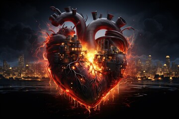 a heart with flames and city in the background