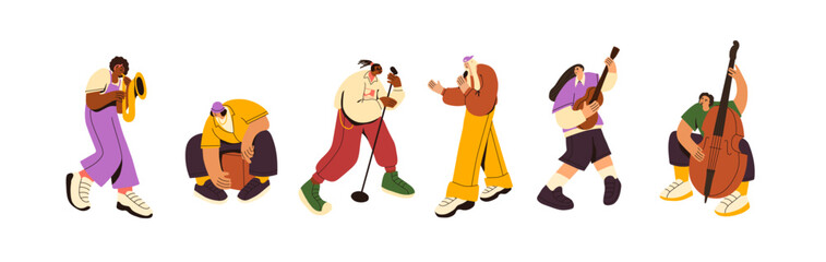 Street musicians set. Jazz performers play different instruments: saxophone, guitar, double bass, cajon. Singers song with microphone. People perform music. Flat isolated vector illustration on white