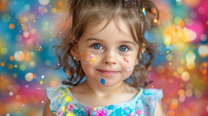 Bright-eyed girl in a paint-splattered dress, a masterpiece of innocence and play, surrounded by a burst of colors.