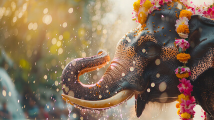 Decorated elephant with garland in Songkran festival at Thailand