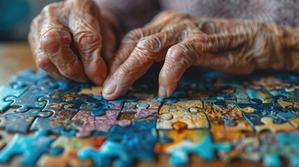 Elderly individual trying to piece together a simple jigsaw puzzle, illustrating the challenge of cognitive tasks in dementia - obrazy, fototapety, plakaty