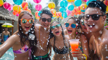 Happy friends group in Songkran festival at Thailand