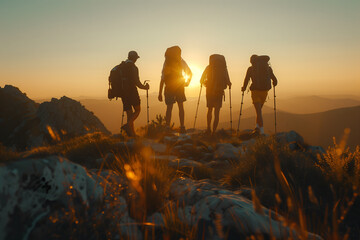 Group of sporty people hiking in mountain