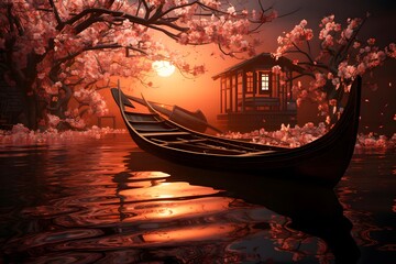 cherry blossom and boat in the lake - 3d render - obrazy, fototapety, plakaty