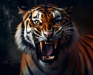 Obraz premium Portrait of a tiger with open mouth in a dark forest.