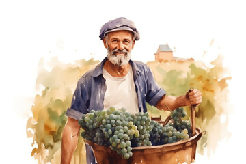 Watercolor sketch of male farmer holding a basket of ripe grapes in his hands - 751231540