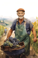 Watercolor sketch of male farmer holding a basket of ripe grapes in his hands - 751231593