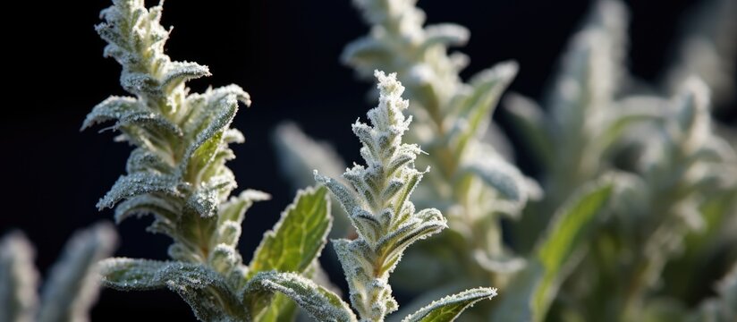 Detailed close-up showing frost covering the leaves and inflorescence of an Atriplex Patula plant, a farm-grown Chenopodium Nuttalliae species.
