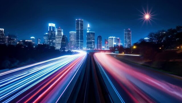 The city skyline is framed by a blur of colorful lights created by the long exposure streaks of cars on the nearby highway.