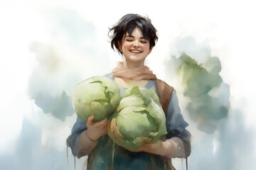 Watercolor svetch smiling young girl vegetable gardener with two forks of cabbage - 751231716